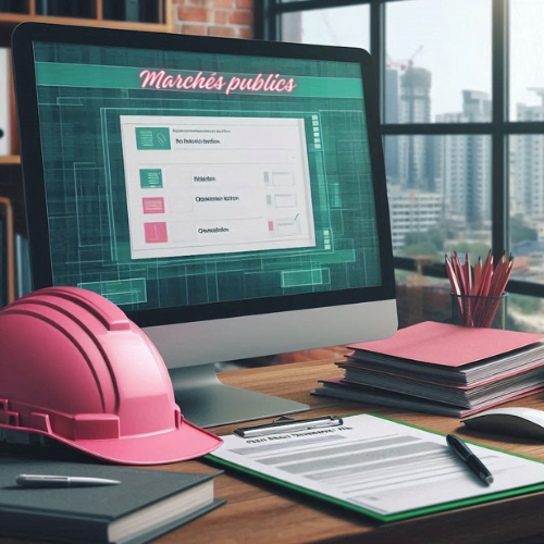 Cette image illustre un bureau dédié à la gestion des marchés publics, où un écran d'ordinateur affiche un tableau de bord pour la gestion et le suivi des appels d'offres. Un casque de chantier rose est placé sur le bureau, symbolisant l'implication de cette activité dans le secteur du BTP. La pile de documents, le cahier, et les outils d’écriture mettent en avant l’importance d’une organisation rigoureuse et d'une optimisation des processus administratifs pour les entreprises de construction. Le visuel souligne la nécessité pour les entreprises du bâtiment de suivre et répondre efficacement aux appels d'offres publics, optimisant ainsi leurs chances d'obtenir des contrats. En adoptant des solutions digitales et en automatisant certaines tâches administratives, les entreprises peuvent améliorer leur productivité, minimiser les erreurs et accélérer leurs réponses aux opportunités. Cette organisation contribue à simplifier les procédures et à libérer du temps pour les activités à haute valeur ajoutée. Mots-clés SEO supplémentaires : Gestion des marchés publics BTP Réponse aux appels d'offres construction Optimisation administrative entreprise BTP Solutions digitales pour entreprises de construction Améliorer la productivité dans le BTP Assistance administrative marchés publics Digitalisation des procédures BTP