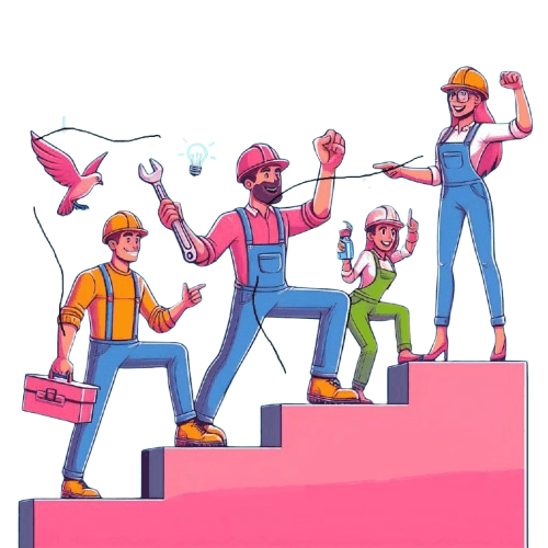 Cette image représente une équipe de professionnels de la construction collaborant pour gravir les échelons vers le succès. Le visuel incarne l’idée de progression et de croissance collective, un aspect crucial pour les entreprises de BTP cherchant à passer à un niveau supérieur grâce aux services de gestion et de SEO.</p>
<p>Les personnages illustrés, portant des outils et des équipements de sécurité, symbolisent les divers métiers du bâtiment, accompagnés d'éléments graphiques comme des ampoules et des oiseaux, qui évoquent l'innovation, l’inspiration et l’évolution. Ils grimpent des marches, reflétant la progression dans les affaires et la réussite, soutenus par des services modernes tels que :</p>
<p>Création de site web pour le BTP<br />
Gestion administrative optimisée<br />
Contenu web de qualité optimisé pour le SEO<br />
Automatisation des tâches administratives avec l'IA<br />
Mots-Clés SEO :<br />
Services SEO pour le BTP<br />
Optimisation administrative BTP<br />
Création de site web pour le bâtiment<br />
Automatisation IA pour entreprises de construction<br />
Progression et croissance dans le secteur BTP<br />
Contenu web et SEO pour les pros du bâtiment<br />
Équipe collaborative et succès entrepreneurial