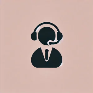 Illustration simple d’un personnage muni d'un casque audio noir sur fond rose pastel, représentant l’assistance administrative pour professionnels du BTP et TPE.