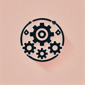 Icône plate noire d’ engrenages sur fond rose pastel, représentant les services d'automatisation pour PME et artisans.