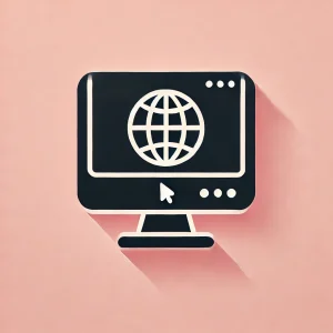 Illustration minimaliste d’un écran e d’une fenêtre de navigateur noir sur fond rose pastel, représentant la création de sites web professionnels.