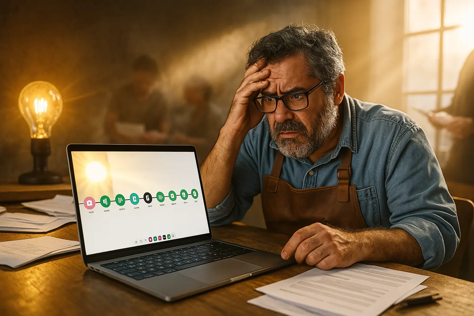 Chef entreprise et automatisation Un expert en blouse de travail examine un graphique ou un diagramme affiché sur l’écran d’un ordinateur, illustrant une séance d’analyse ou de planification de données dans un environnement professionnel.