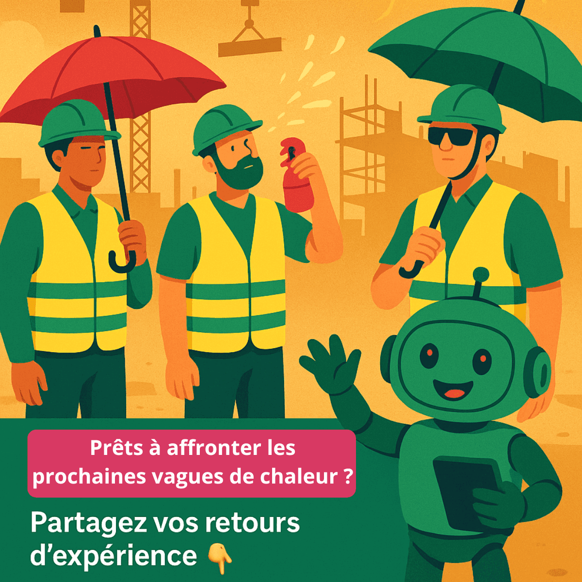 Chaleur sur les chantiers êtes-vous prêts pour les prochaines vagues estivales Illustration d’un chantier en été avec des ouvriers protégés de la chaleur, parasols et brumisateur, accompagnés d’une mascotte digitale. Sensibilisation à la prévention des risques liés aux fortes chaleurs dans le secteur du BTP.