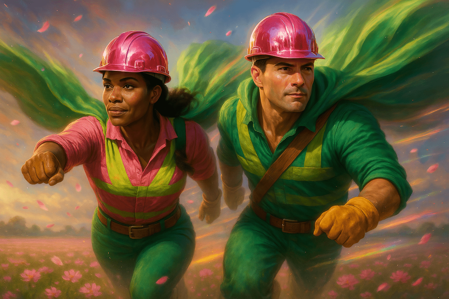 Héros du BTP (2) Deux personnes courant côte à côte dans un champ de fleurs roses, vêtues de casques roses et de combinaisons vertes à bandes jaunes, dans une posture dynamique et déterminée.