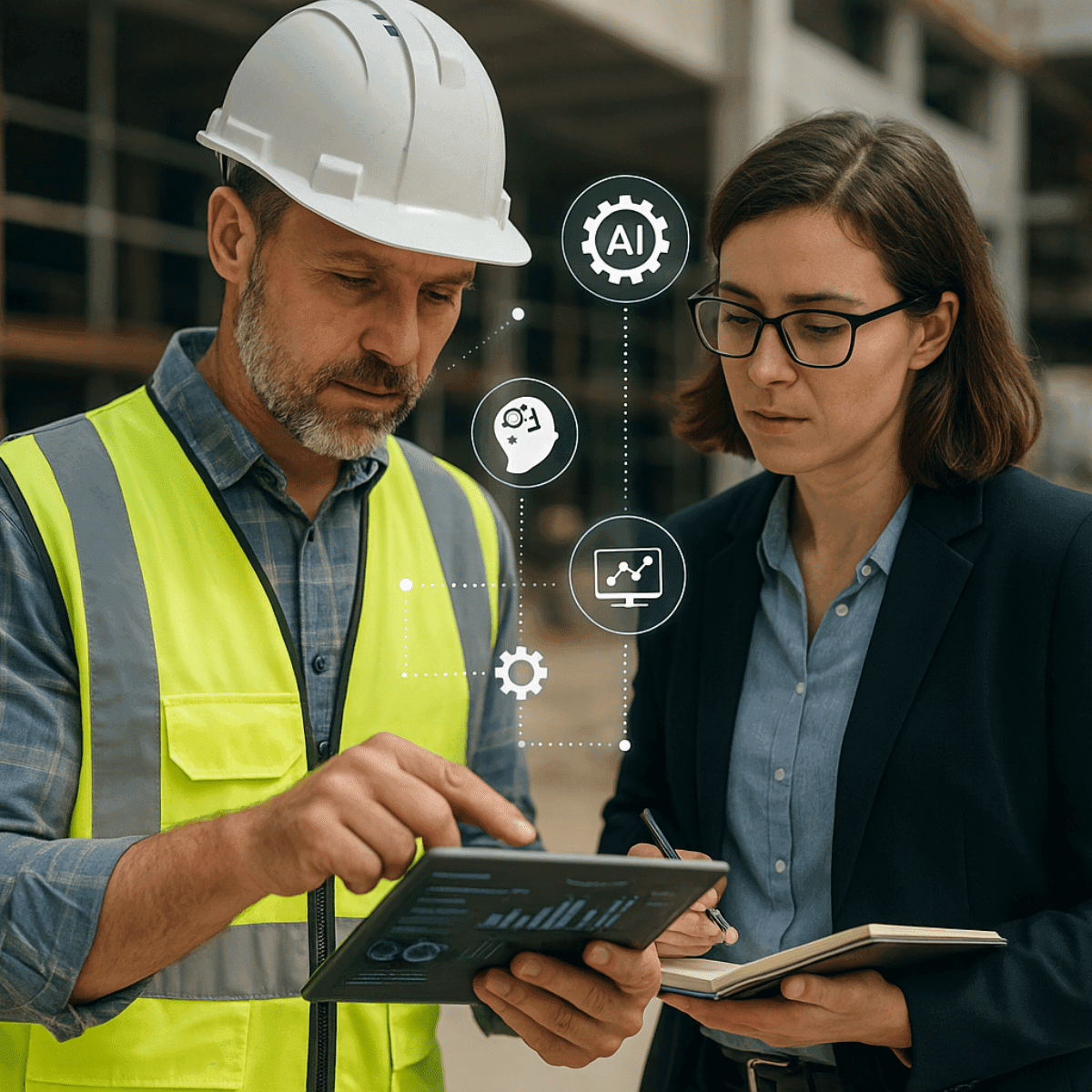 IA et automatisation dans le BTP Chef de chantier BTP consultant une tablette numérique aux côtés d’une assistante administrative, illustrant l’intégration de l’IA et de l’automatisation dans la gestion de projet