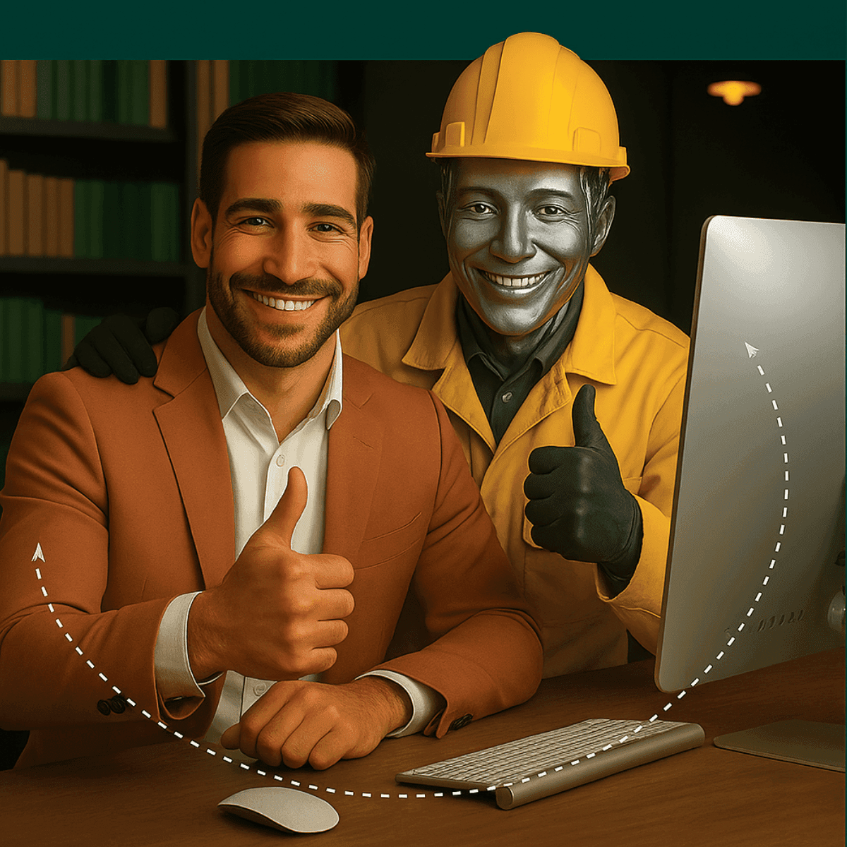 L'IA une opportunité Deux hommes souriants sont assis devant un ordinateur, levant le pouce en signe d’approbation. L’un porte un costume élégant et incarne un chef d’entreprise, l’autre, à l’apparence de robot humanoïde en tenue de chantier jaune, symbolise l’intelligence artificielle dans le BTP. Une interface holographique projetée entre eux illustre la collaboration technologique. En arrière-plan, un environnement de chantier moderne affiche des écrans de contrôle et des outils connectés, soulignant l’alliance entre innovation et terrain.