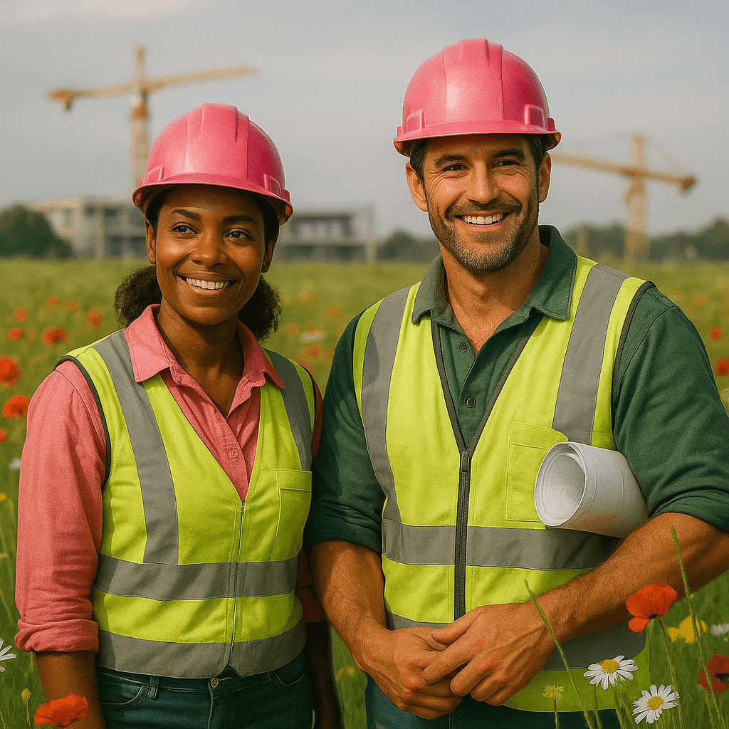 Nos heros du BTP Deux ouvriers du BTP, un homme et une femme, debout côte à côte dans un champ fleuri, portent des casques de chantier rose et vert ainsi que des tenues de travail assorties. Ils regardent au loin avec assurance, en pleine lumière dorée du matin ou du soir, symbolisant la fierté et la modernité du secteur du bâtiment. En arrière-plan, on distingue un chantier harmonisé à la nature.