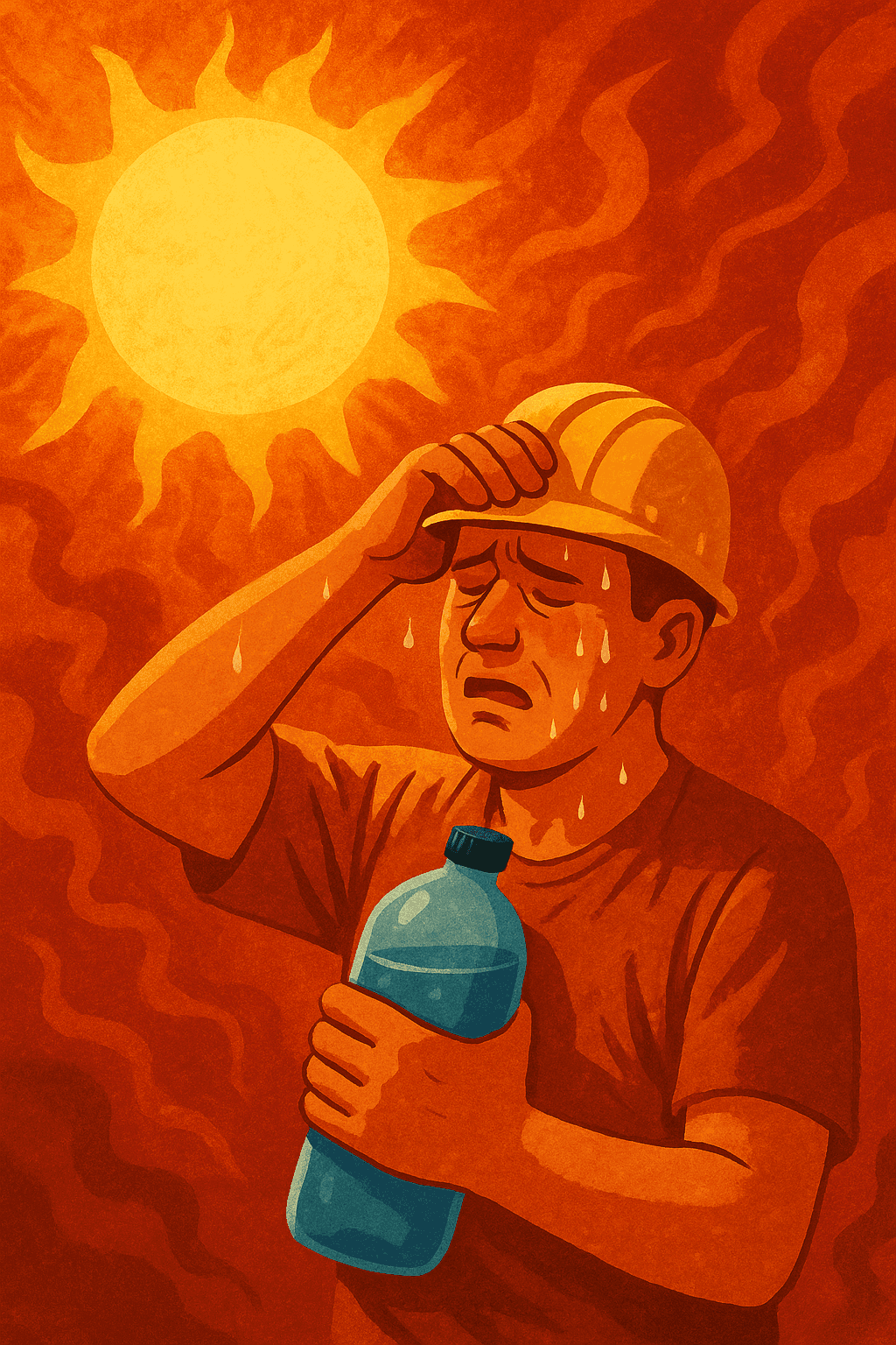 Ouvrier à la Gourde chaleur intense Prévention chaleur sur les chantiers du BTP : Illustration d’un ouvrier en casque s’hydratant sous un soleil brûlant