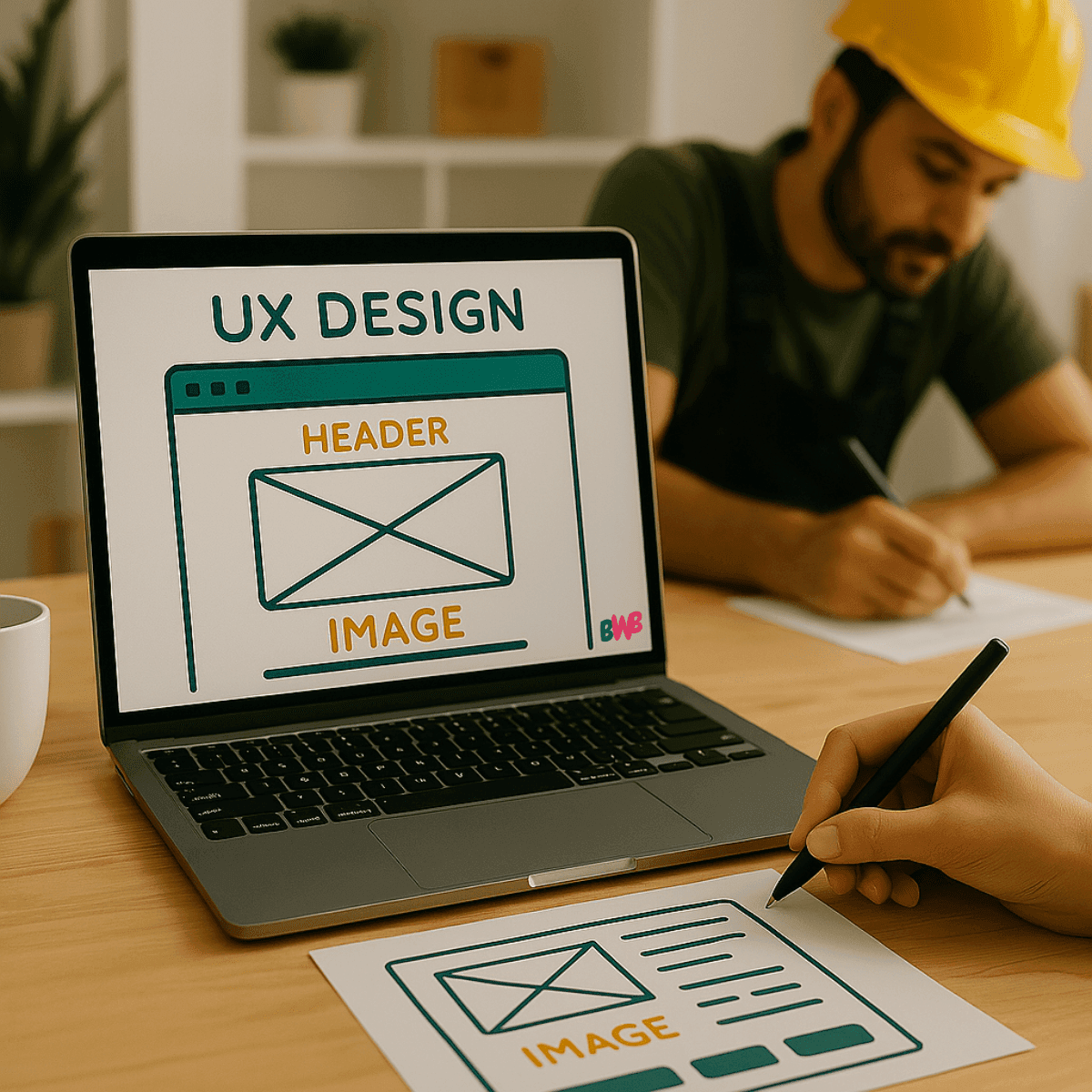 Main féminine dessinant un prototype UX sur une feuille posée sur un bureau, avec en arrière-plan un chef de chantier portant un casque – illustration de la création de site internet pour artisans et professionnels du BTP