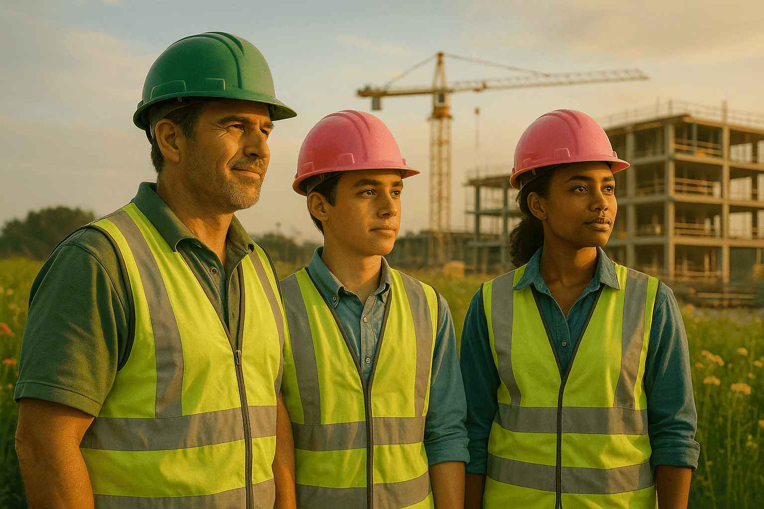 l'avenir de nos héros du BTP Trois professionnels du BTP, hommes et femmes, portant des casques et équipements de sécurité modernes aux couleurs vert et rose, se tiennent sur un chantier au lever du soleil. L’un pointe vers l’horizon tandis que les autres tiennent des plans et une tablette, symbolisant l’innovation, la transmission et la construction durable de l’avenir. En arrière-plan, un bâtiment éco-conçu émerge au milieu d’un environnement fleuri.