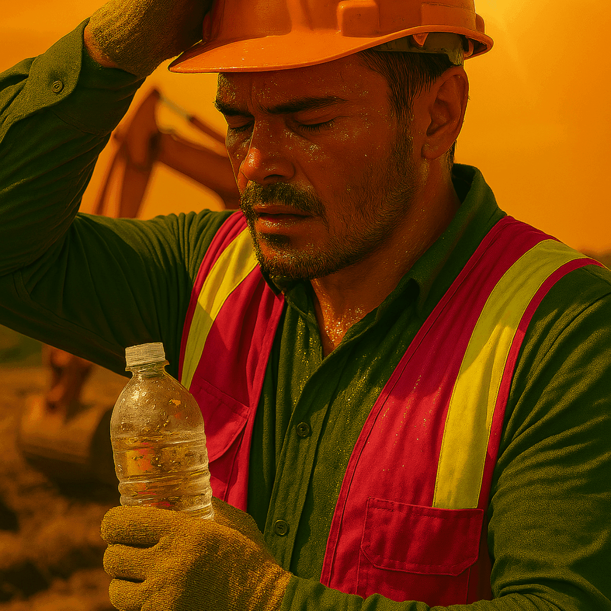 hydratation sur chantier – sécurité et bien-être au travail Ouvrier de chantier en gilet de sécurité fluo rose et jaune tenant une bouteille d’eau, avec casque de protection orange, devant une pelleteuse en arrière-plan. Image illustrant les bonnes pratiques en matière de sécurité, d’hydratation et de conditions de travail sur les chantiers extérieurs.