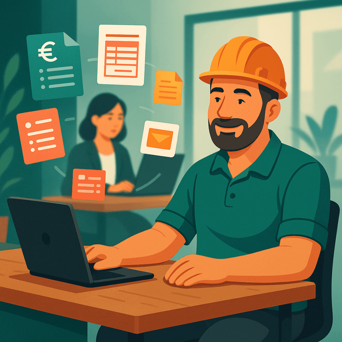Illustration d’un artisan du BTP assis devant un ordinateur, détendu, pendant qu’une assistante gère ses tâches administratives à distance, symbolisant un service d’assistance administrative externalisée rapide et automatisée.