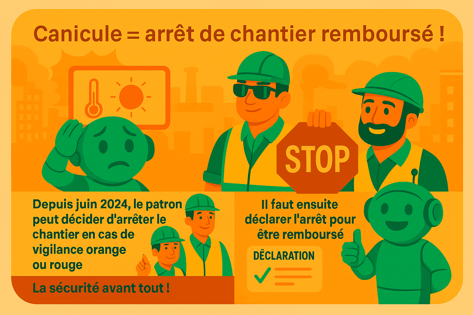 Canicule vs arret de chantier Affiche d'information Ă destination des travailleurs du BTP en France. Trois ouvriers en tenue de chantier sont illustrĂ©s, avec l'un dâeux brandissant un panneau "STOP". Le texte principal informe que, depuis juin 2024, en cas de vigilance orange ou rouge liĂ©e Ă une vague de chaleur, les employeurs peuvent arrĂȘter les chantiers et ĂȘtre indemnisĂ©s sâils dĂ©clarent lâarrĂȘt. Le message met lâaccent sur la sĂ©curitĂ© au travail pendant les pĂ©riodes de forte chaleur.