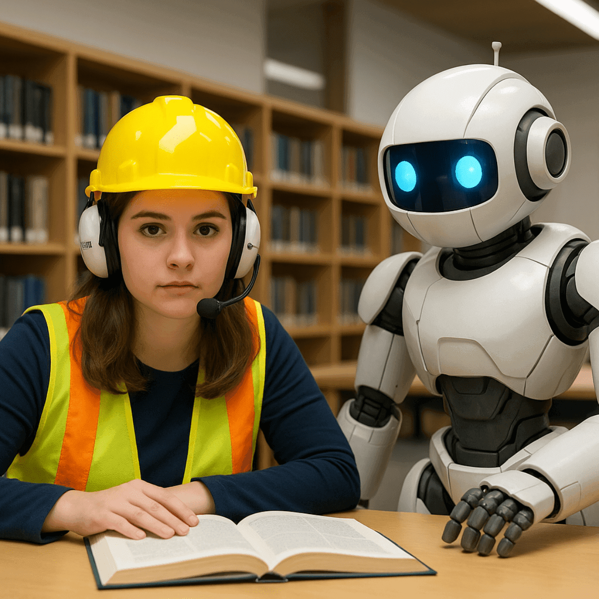 Collaboration entre humaine et robot dans le secteur du BTP Une jeune femme portant un casque de chantier jaune interagit avec un robot humanoïde gris. Tous deux se tiennent devant un chantier. La scène évoque une collaboration bienveillante entre technologie et travail humain sur le terrain.
