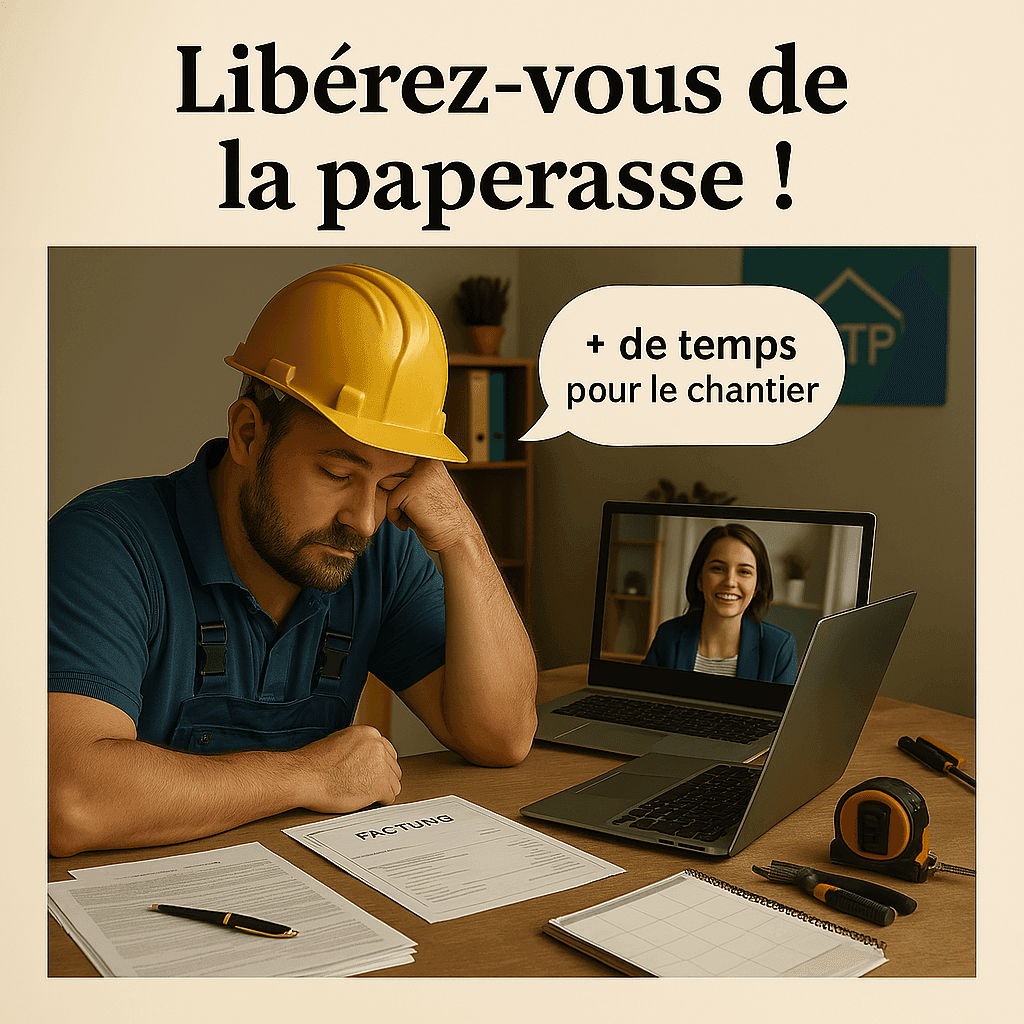 Artisan du bâtiment en tenue de travail, assis à son bureau encombré de documents, ordinateur ouvert devant lui. Il consulte ses factures et devis, l'air préoccupé. Des outils de chantier sont visibles à proximité, illustrant le lien entre terrain et gestion administrative.