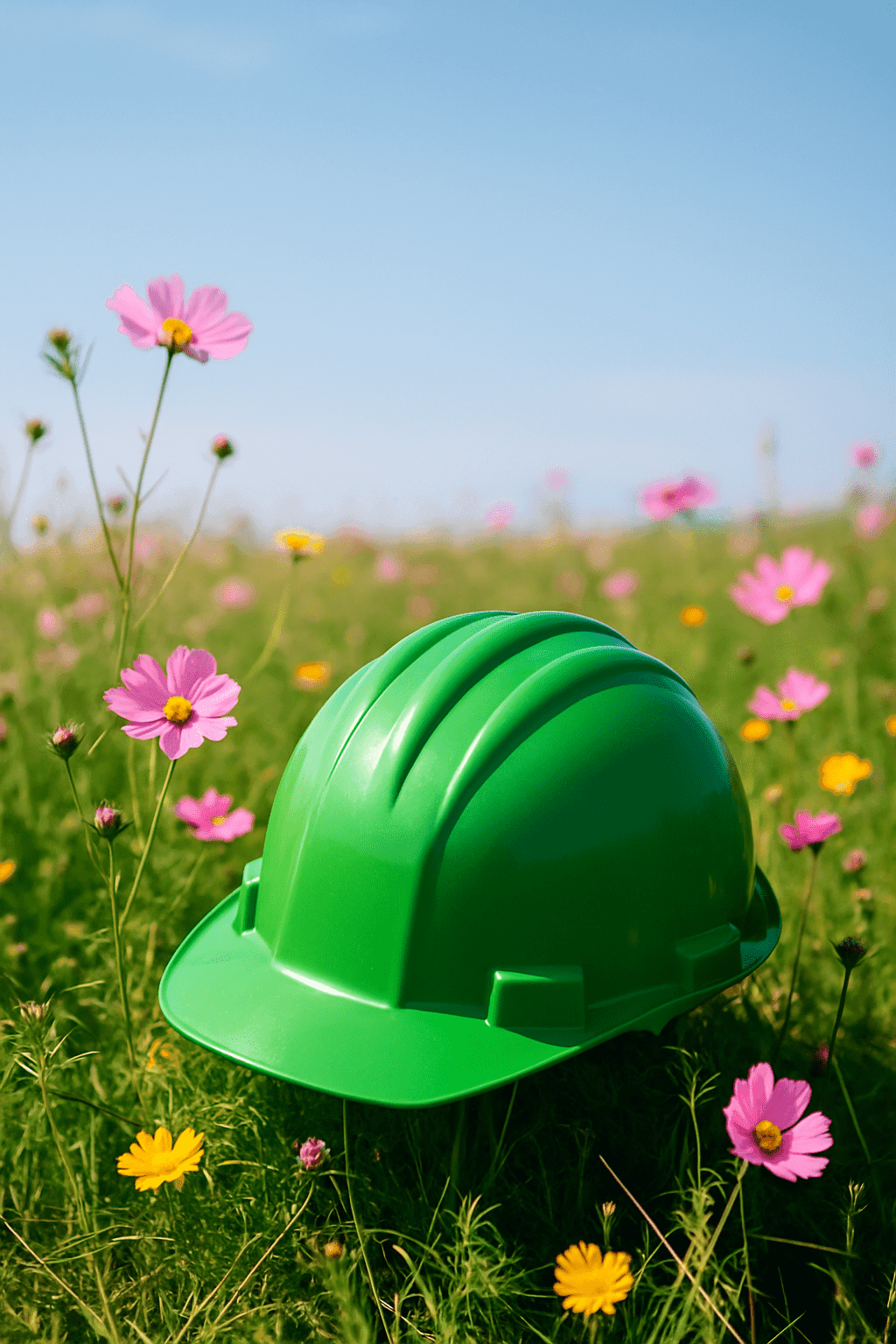 Conseils pour les entreprises-min Casque de chantier vert posé dans un champ fleuri, symbole d’adaptation durable des entreprises face aux changements économiques et technologiques