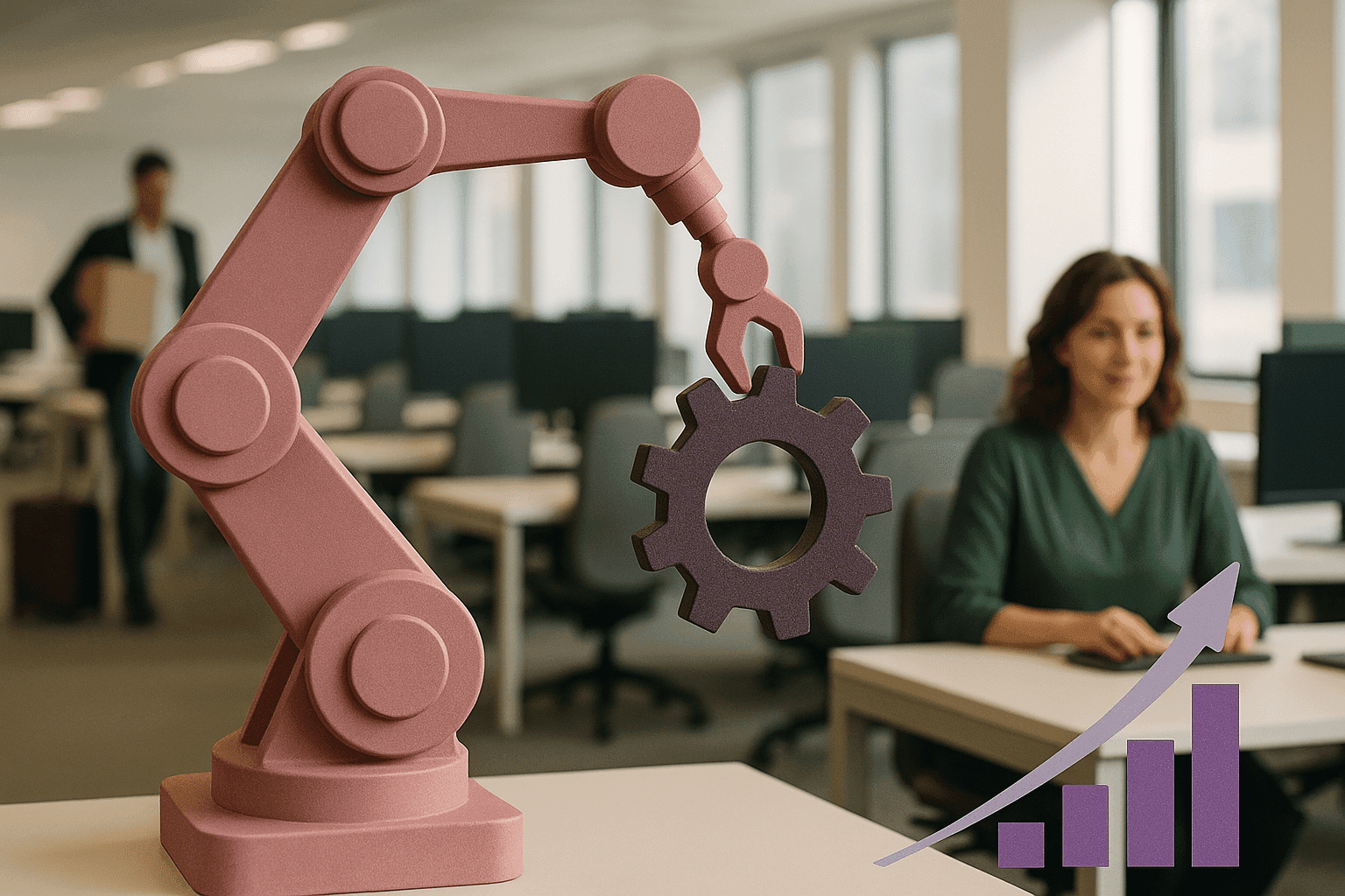 Economiser grace à l'IA-min Un bras robotisé manipulant un engrenage dans un open space avec des employés en arrière-plan, et un pictogramme de graphique de croissance. "Automatisation des tâches administratives avec un robot industriel pour économies grâce à l'IA"