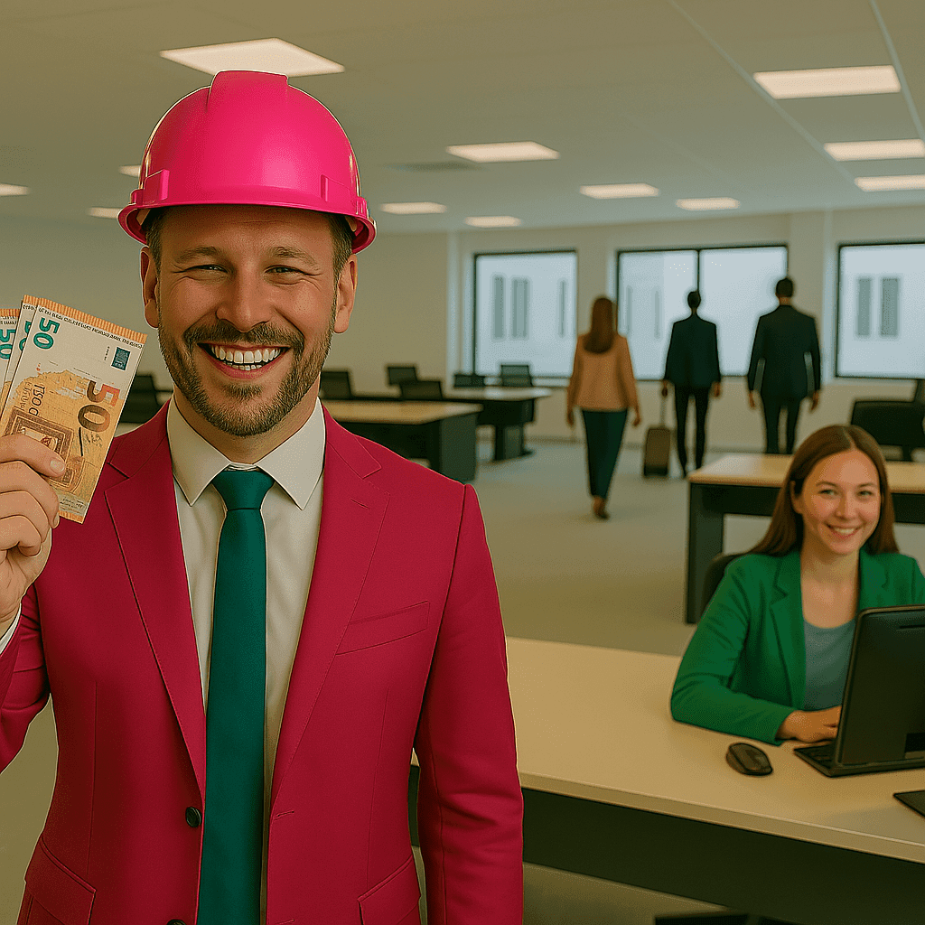 ia-emploi-automatisation-2025.png n homme souriant en costume rose avec un casque de chantier, tenant des billets d’euros, dans un bureau avec des collègues. "Chef d'entreprise heureux montrant les gains réalisés grâce à l'IA qui redéfinit le marché du travail"