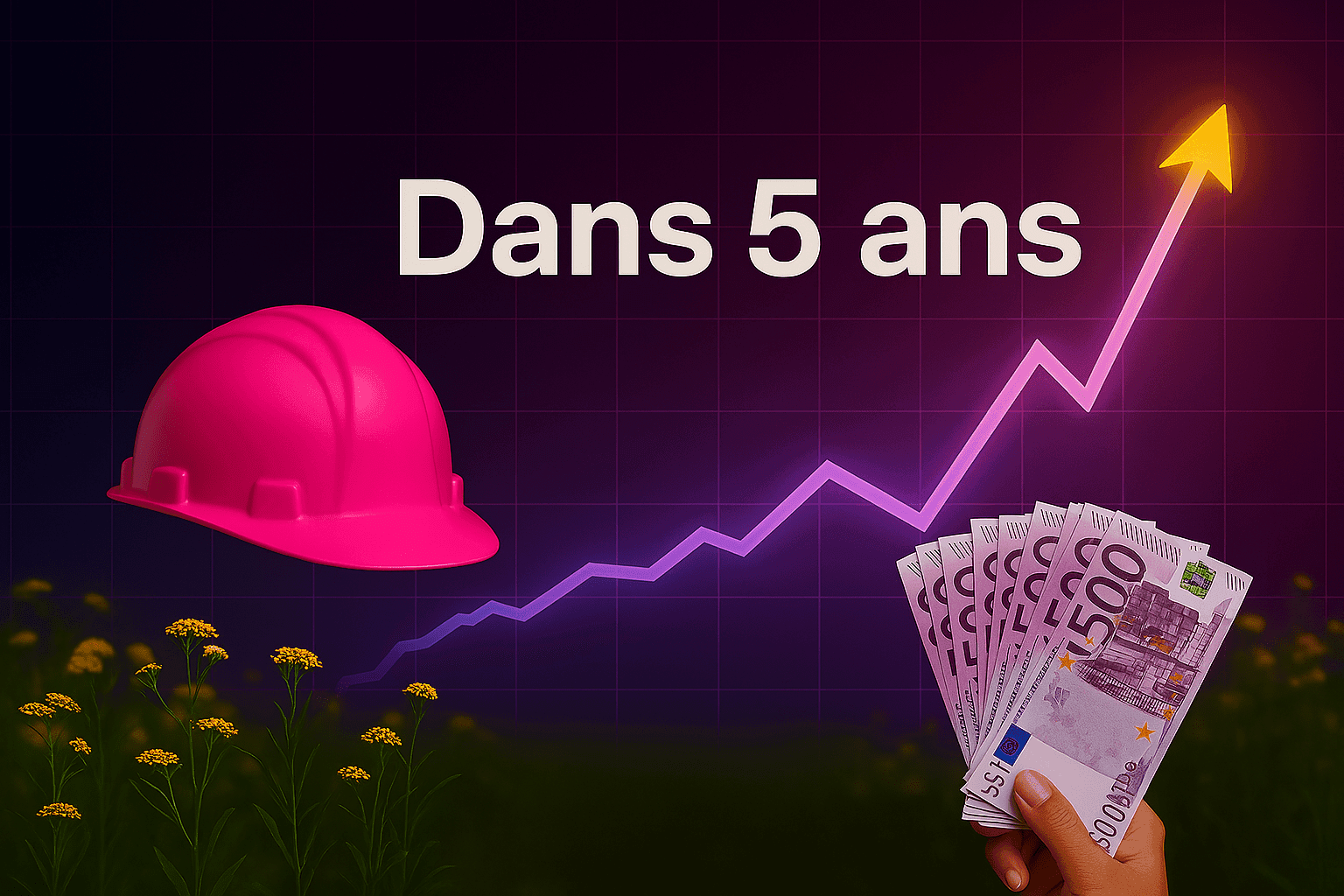 Le nouveau visage de la réussite-min Un casque de chantier rose, des billets d’euros et une flèche de croissance symbolisant la réussite à moyen terme. "Croissance économique et réussite grâce à l'intelligence artificielle dans 5 ans"