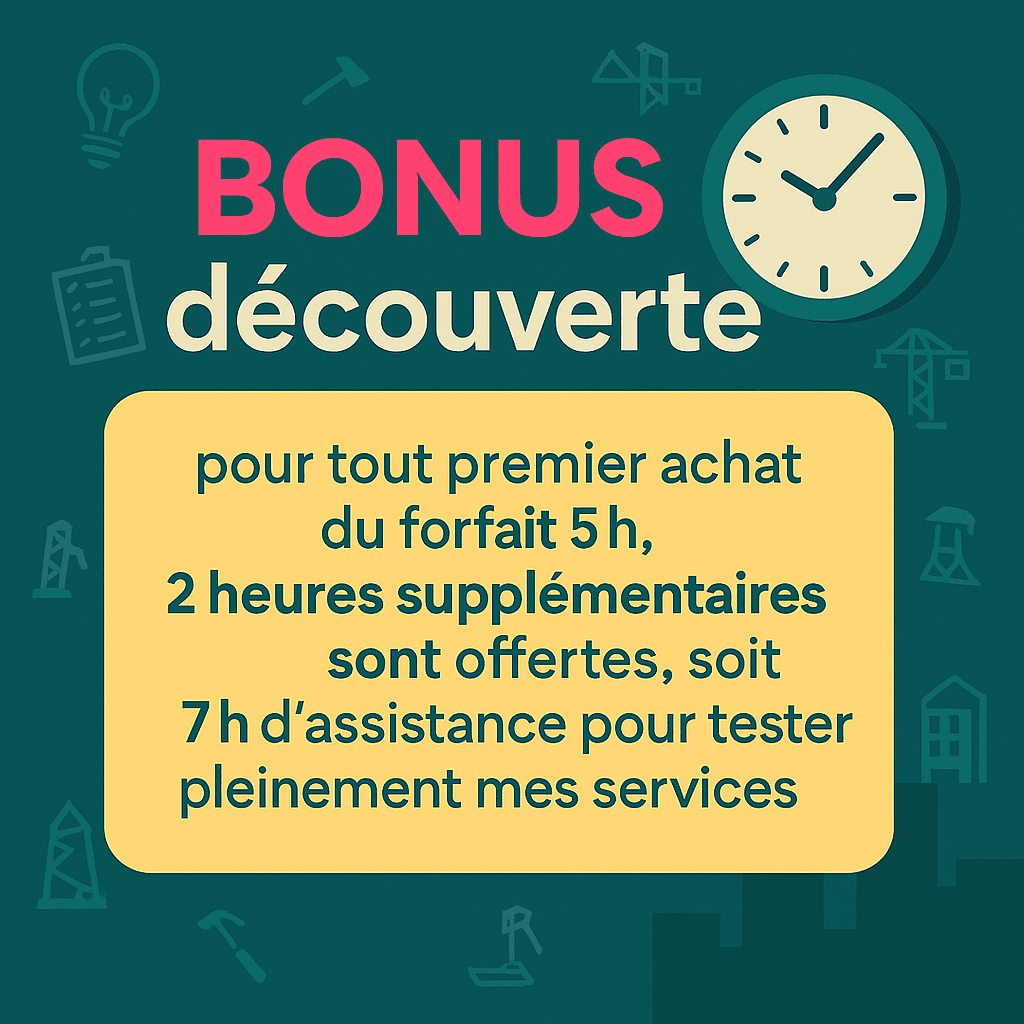 Visuel promotionnel indiquant qu’un bonus de 2 heures d’assistance est offert pour tout premier achat du forfait 5h, avec design moderne et couleurs vert foncé, jaune et rose issues de la charte graphique.
