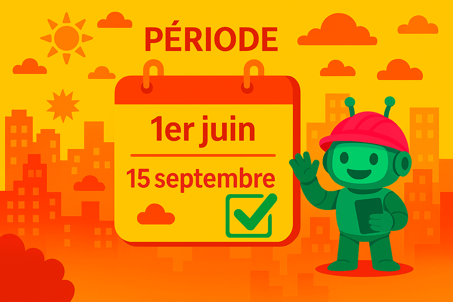 Travail & Canicule Une mascotte colorĂ©e montre les dates du 1er au 15 septembre sur un chantier dĂ©sert. Un casque rose est posĂ© dessus, symbolisant la chaleur Ă©crasante et lâimportance de la sĂ©curitĂ© dans le BTP pendant la canicule.
