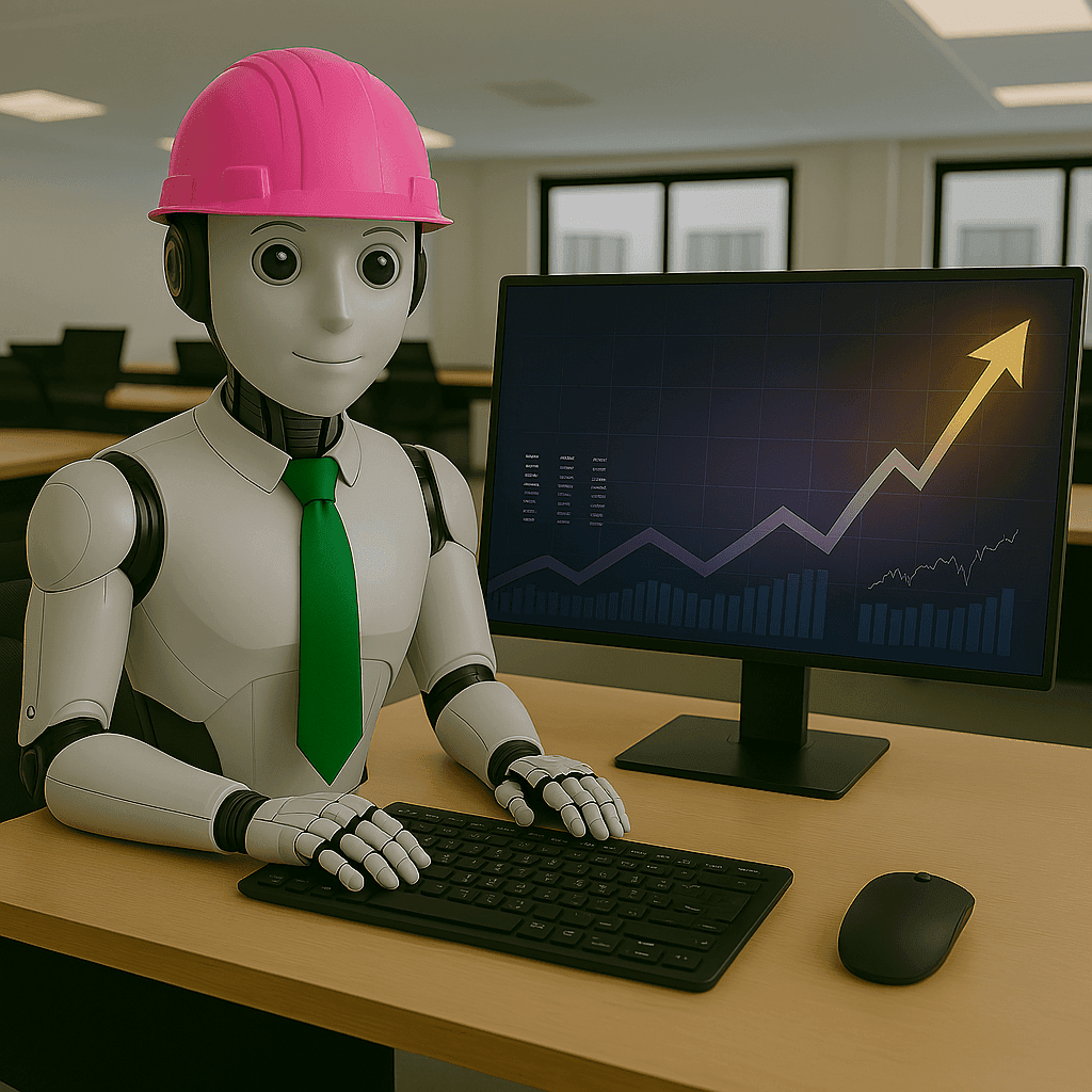Travail sans relâche v2 Humanoïde hyper réaliste assis à un bureau moderne, portant un casque de chantier rose et une cravate verte. Il fait face à un écran et un clavier, dans une posture appliquée. L’atmosphère est calme, ordonnée, sans présence humaine, évoquant l’automatisation bienveillante du travail. L’image traduit l’efficacité silencieuse de l’intelligence artificielle en entreprise, entre modernité et humanisation symbolique.
