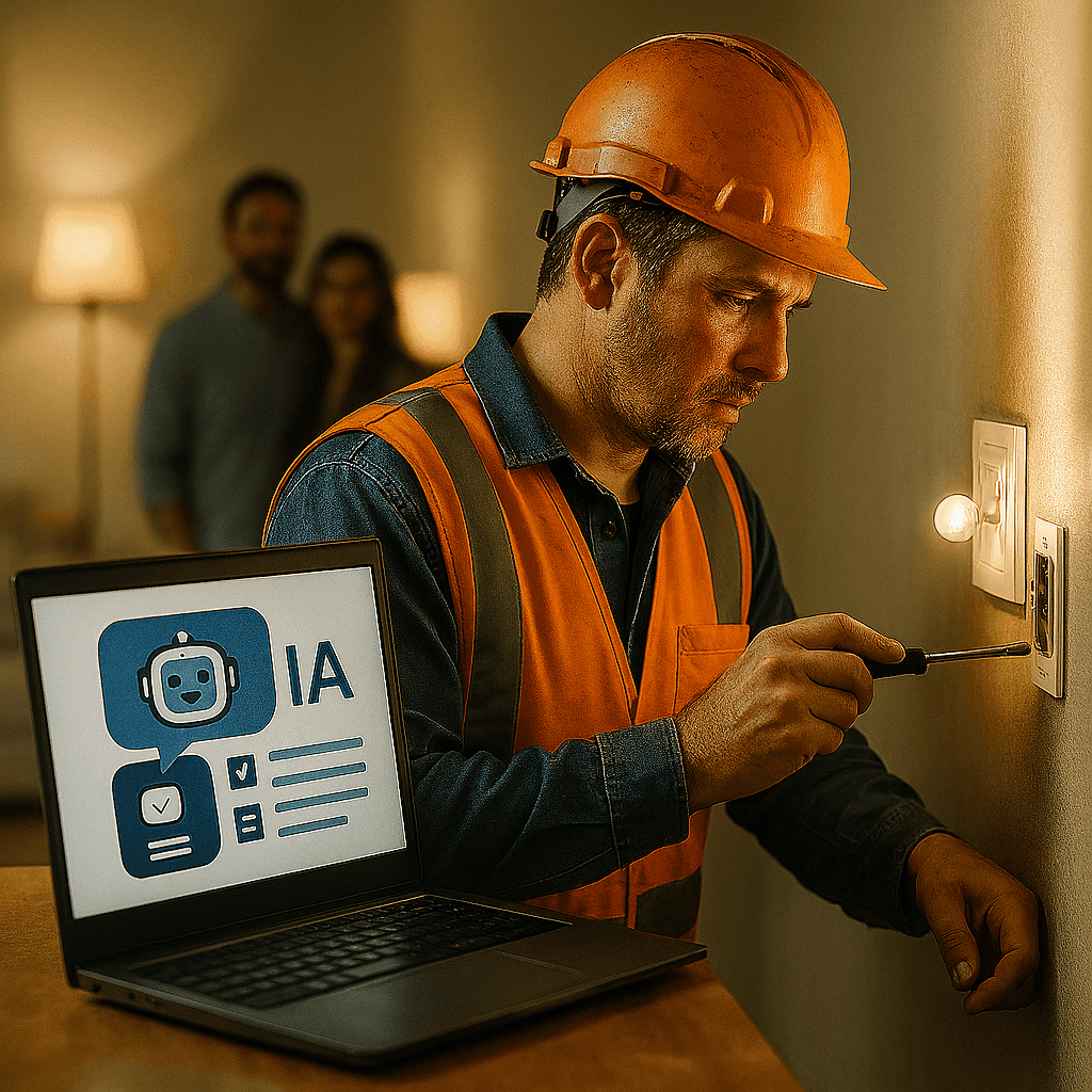 Artisan du BTP en dépannage client Technicien en bâtiment portant un casque et un gilet de sécurité orange, utilisant un tournevis sur une prise électrique murale, avec un ordinateur portable affichant une interface robotique « IA », illustrant l'intégration de l'intelligence artificielle dans les travaux manuels et les métiers du BTP.