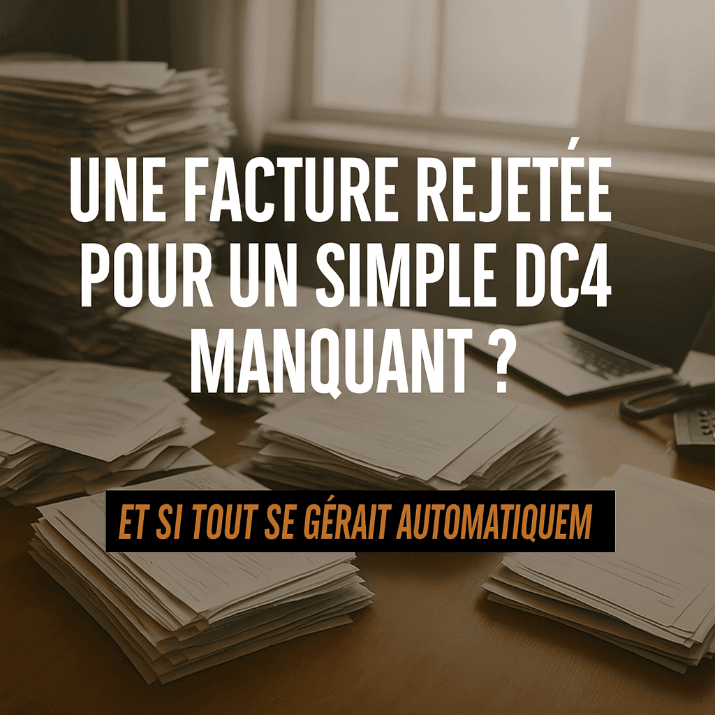 Bureau desordonné Bureau encombré de piles de documents administratifs, avec ordinateur portable et calculatrice, illustrant la surcharge de travail dans le secteur BTP. Texte en surimpression : “Une facture rejetée pour un simple DC4 manquant ? Et si tout se gérait automatiquement”. Image promouvant l’automatisation des tâches administratives dans le BTP. 🔍 Mots-clés intégrés : automatisation BTP surcharge administrative DC4 manquant rejet de facture gestion documentaire digitalisation bureau BTP