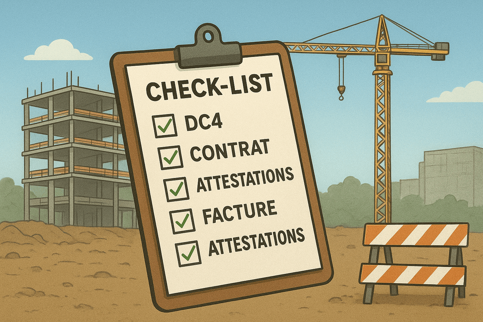 Check list-min Image d’un chantier BTP avec grue et bâtiment en construction, mettant en avant une grande check-list sur clipboard. Les éléments “DC4”, “Contrat”, “Attestations” et “Facture” sont tous cochés en vert, symbolisant une gestion administrative complète et conforme. 🔍 Mots-clés intégrés : checklist BTP conformité administrative chantier document DC4 gestion sous-traitance facturation BTP automatisation des tâches