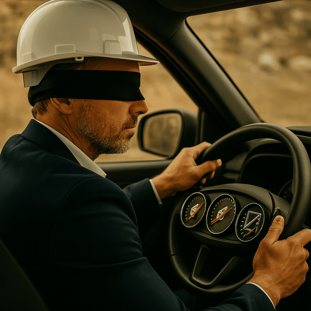 Ne pilotez plus votre entreprise à l’aveugle Un conducteur en costume, casque de chantier sur la tête et bandeau sur les yeux, incarne une métaphore saisissante du risque inconscient. Une image carrée, photoréaliste et sans texte, qui interpelle sur la prise de décision sans visibilité.
