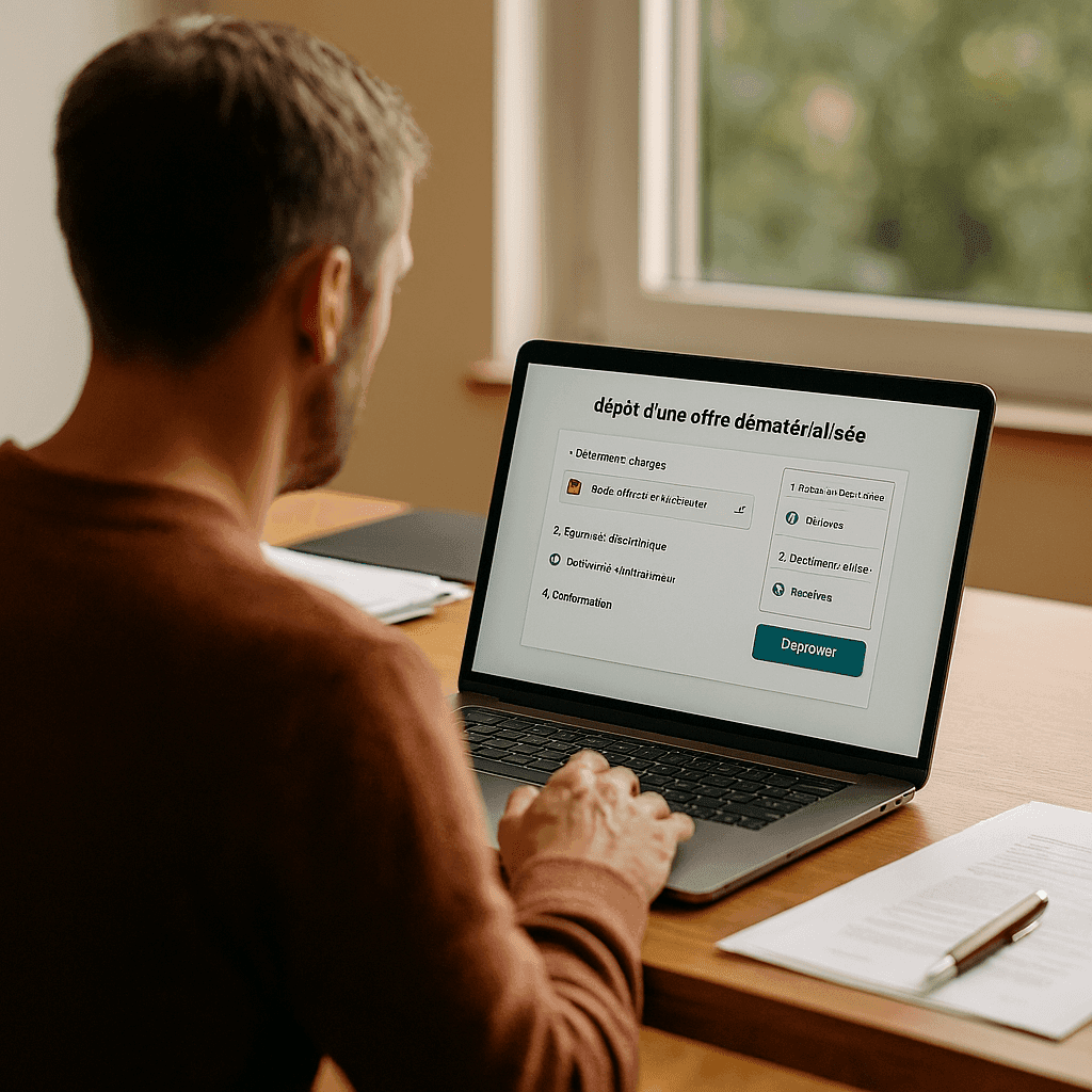 Repondre Ă un appel d'offre Professionnel du BTP dĂ©posant une offre dĂ©matĂ©rialisĂ©e sur une plateforme dâappel dâoffres, via un ordinateur portable dans un bureau moderne, avec documents numĂ©riques, signature Ă©lectronique et accusĂ© de rĂ©ception Ă lâĂ©cran.