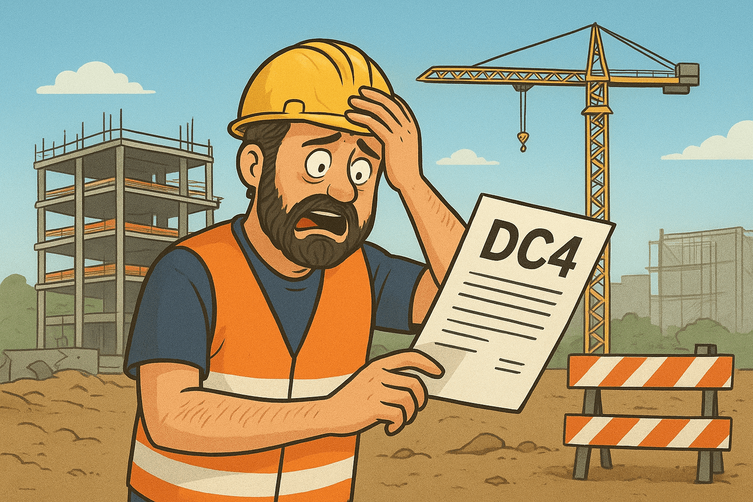 Travailleur frustré sur chantier Illustration humoristique d’un ouvrier du BTP en gilet orange et casque jaune, choqué en découvrant un document “DC4” sur un chantier en construction. Grue, échafaudages et barrières visibles en arrière-plan. Image soulignant les imprévus administratifs dans le secteur du bâtiment. 🔍 Mots-clés intégrés : ouvrier BTP document DC4 chantier construction imprévu administratif conformité sous-traitance